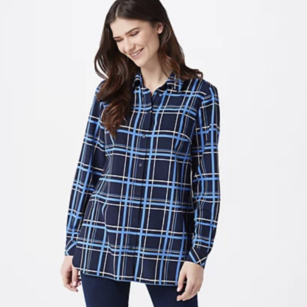 Susan Graver Printed Stretch Woven Button Front Tunic Shirt S